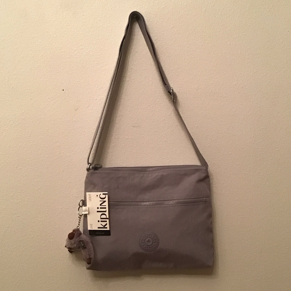 Kipling Light Lavender-Gray Nylon Crossbody with Monkey Charm